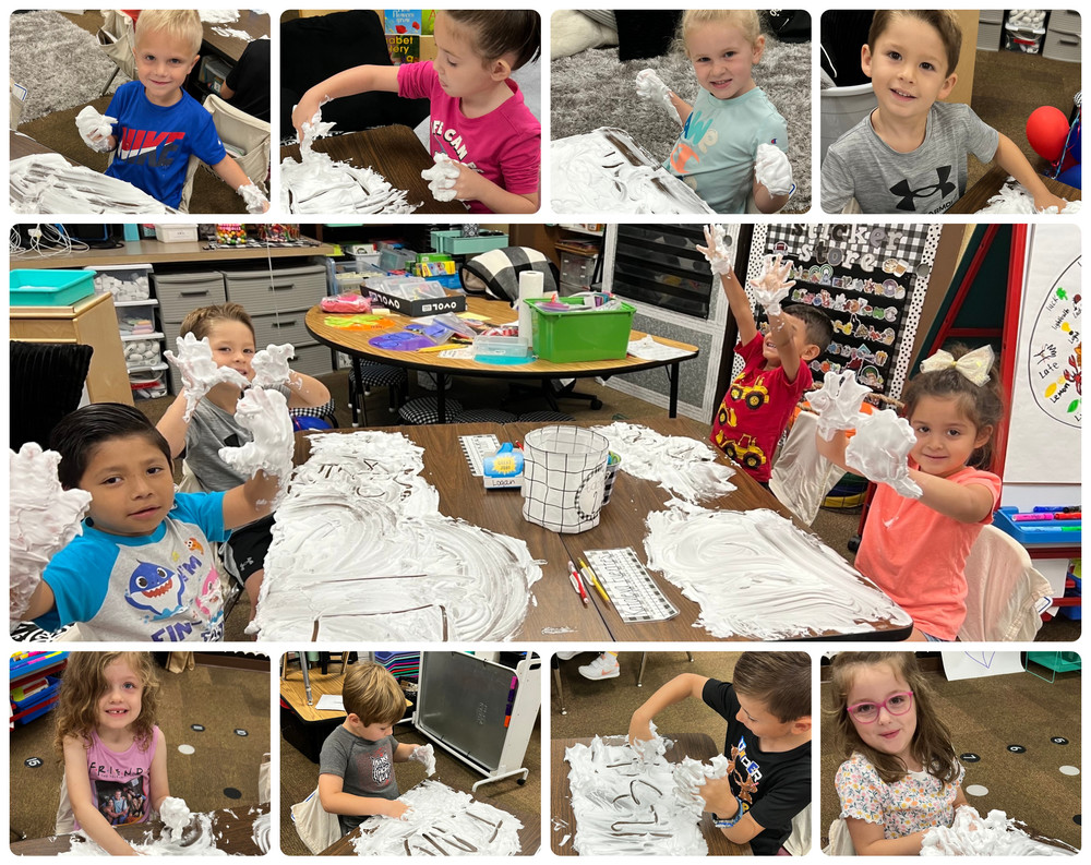 collage of students with shaving cream on tables