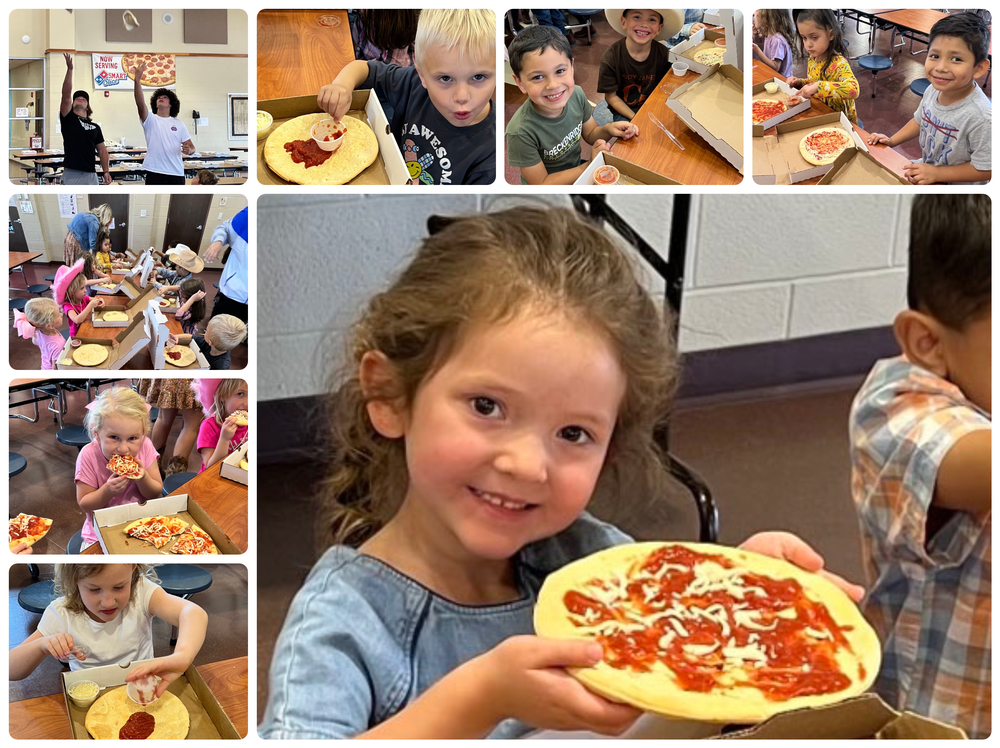 Photo collage of students with pizza