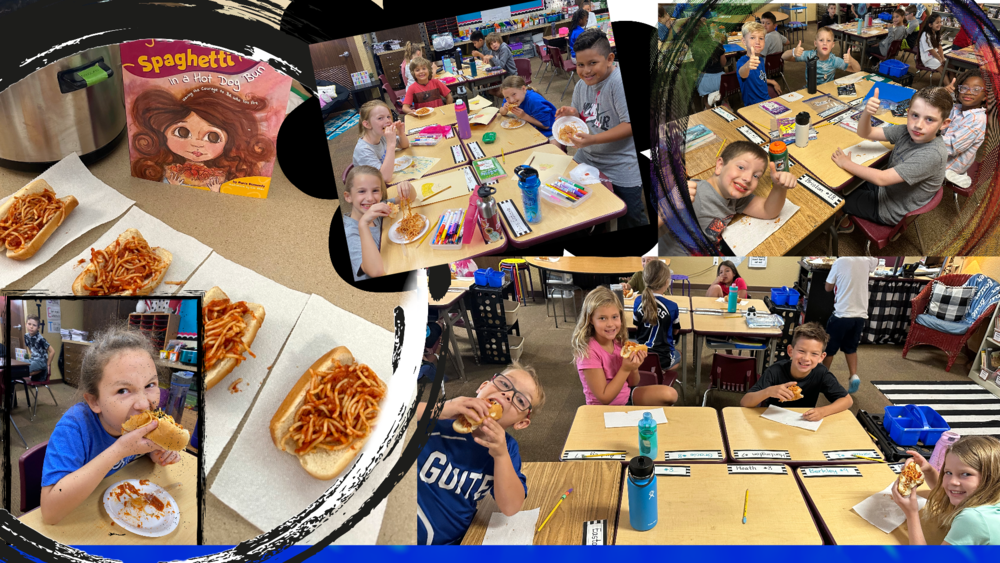 collage of students eating spaghetti on a bun