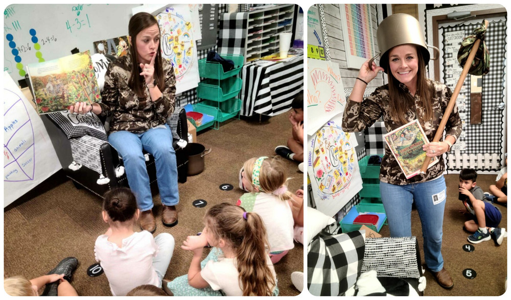 teacher reading to students in costume